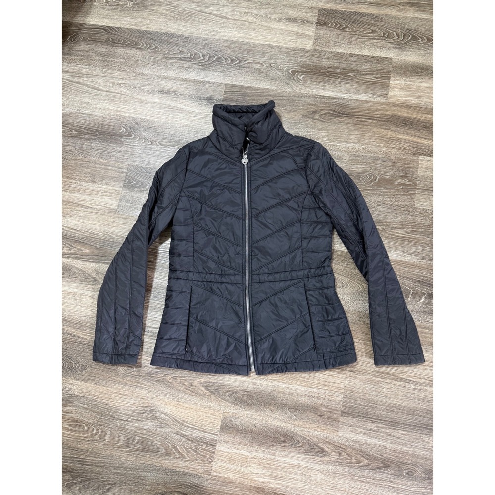Guess Puffer Jacket Women's Small Black Quilted‎ Chevron Zip Up Heart Logo Y2K